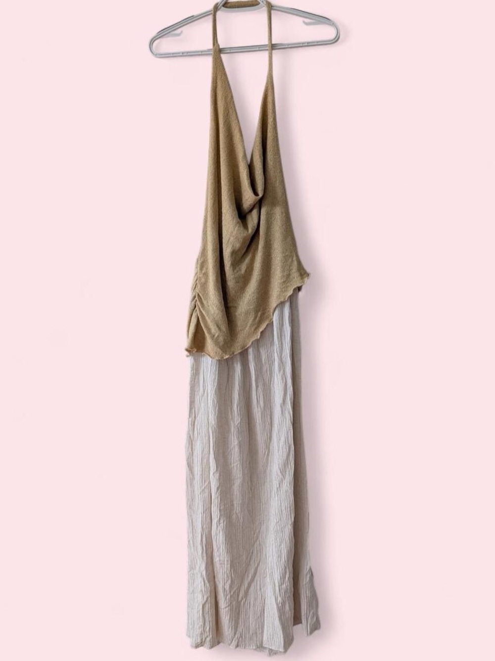 ZARA Two Tone Halter Maxi Dress Camel Knit & Cream Gauze Boho Cottagecore Size M